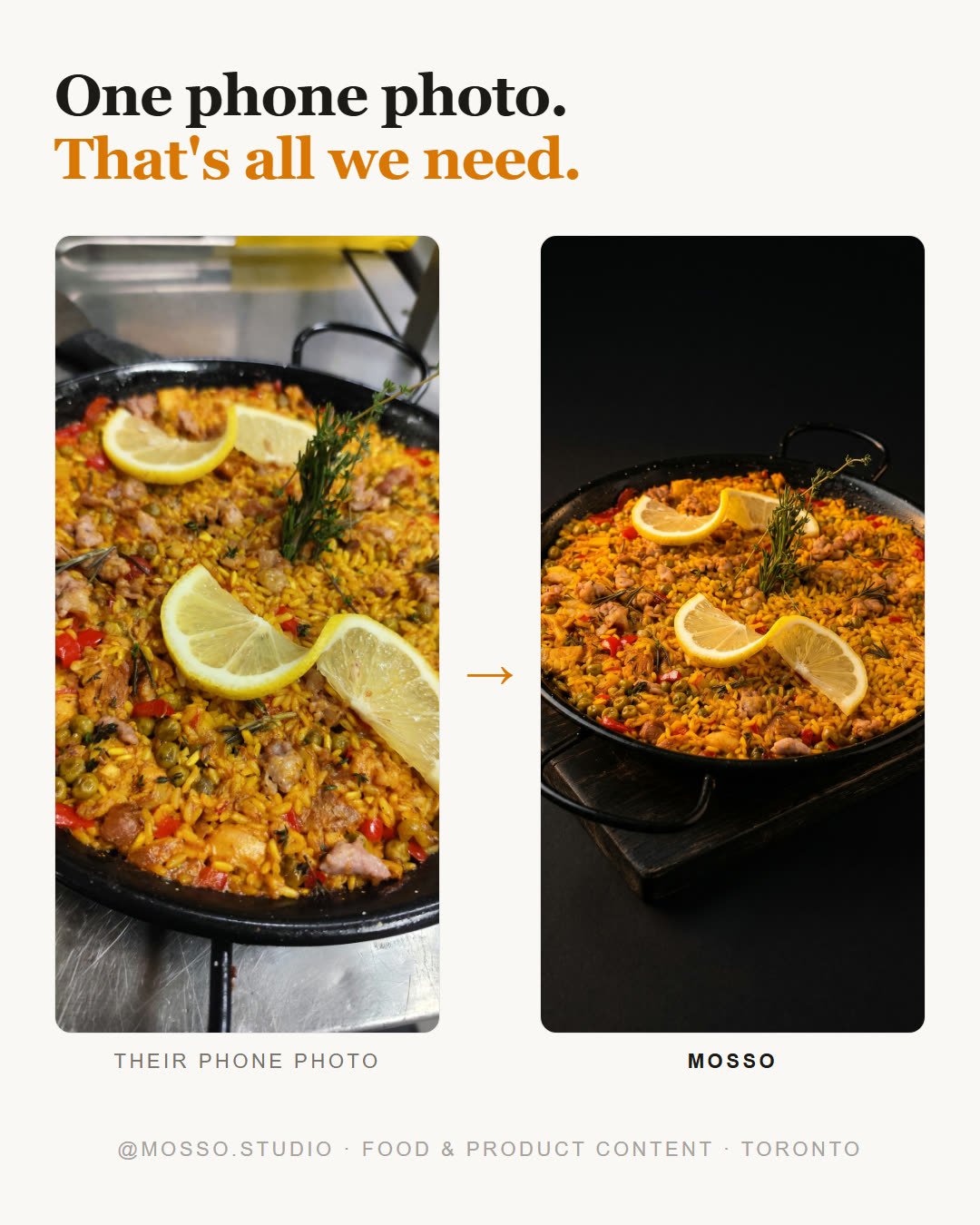 Before and after: a phone photo of a paella, restyled by Mosso into studio-grade content