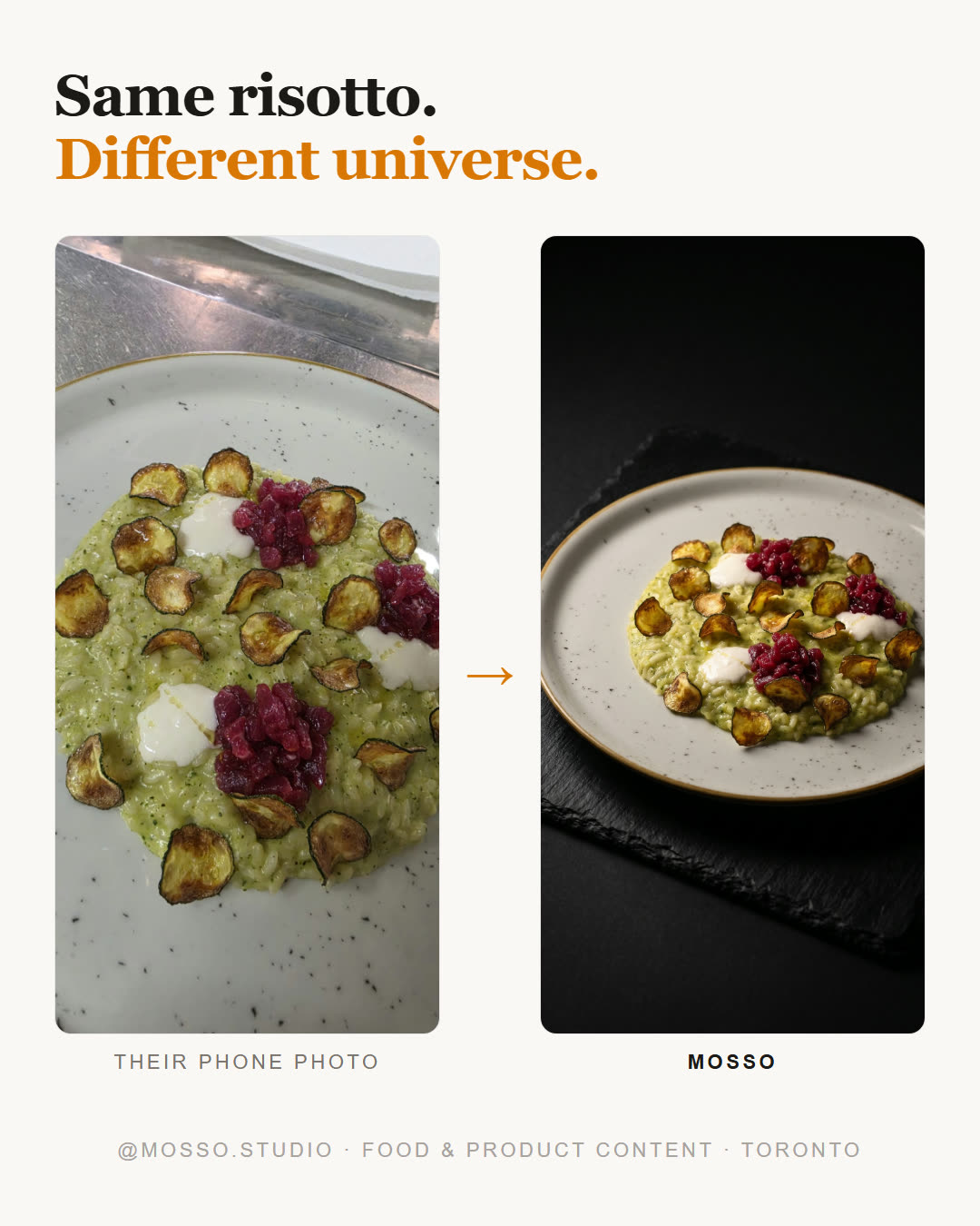 Before and after: a phone photo of a risotto, restyled by Mosso into studio-grade content
